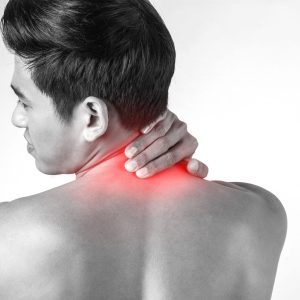 Muscular man use handles at the neck to relieve pain isolated on Chinese Therapy Massage